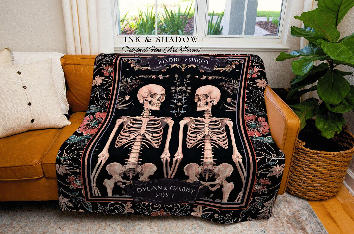 Moody Floral Skeleton Couple Blanket | Personalized Woven Tapestry Gothic Wedding Anniversary Gift Woven Throw Thoughtful for Girlfriend |