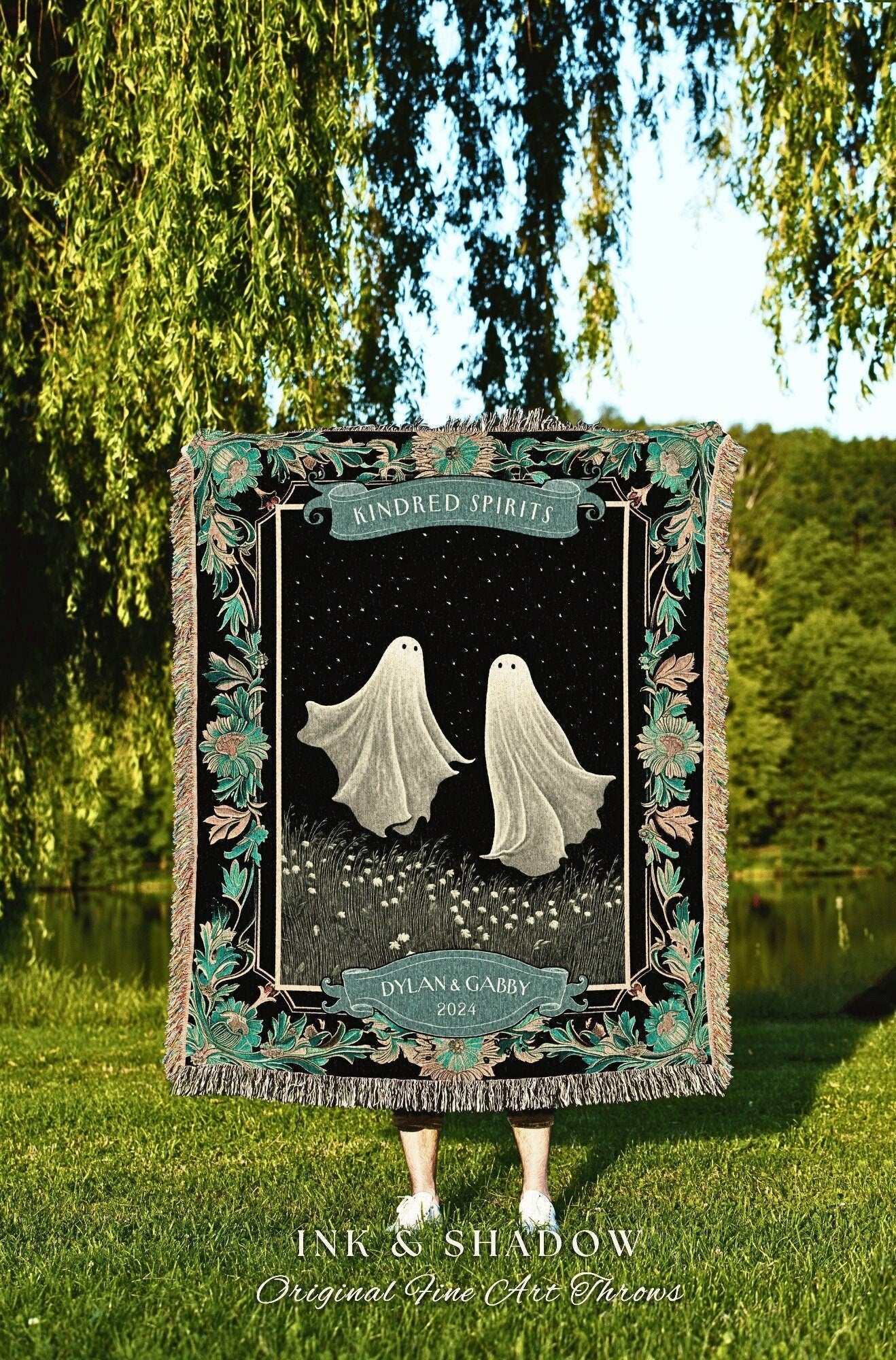 Dreamy Ghost Couple 'Kindred Spirits' Tapestry | Personalized Wedding Blanket Marriage Tapestry Woven Ghost Gifts His & Hers Anniversary |