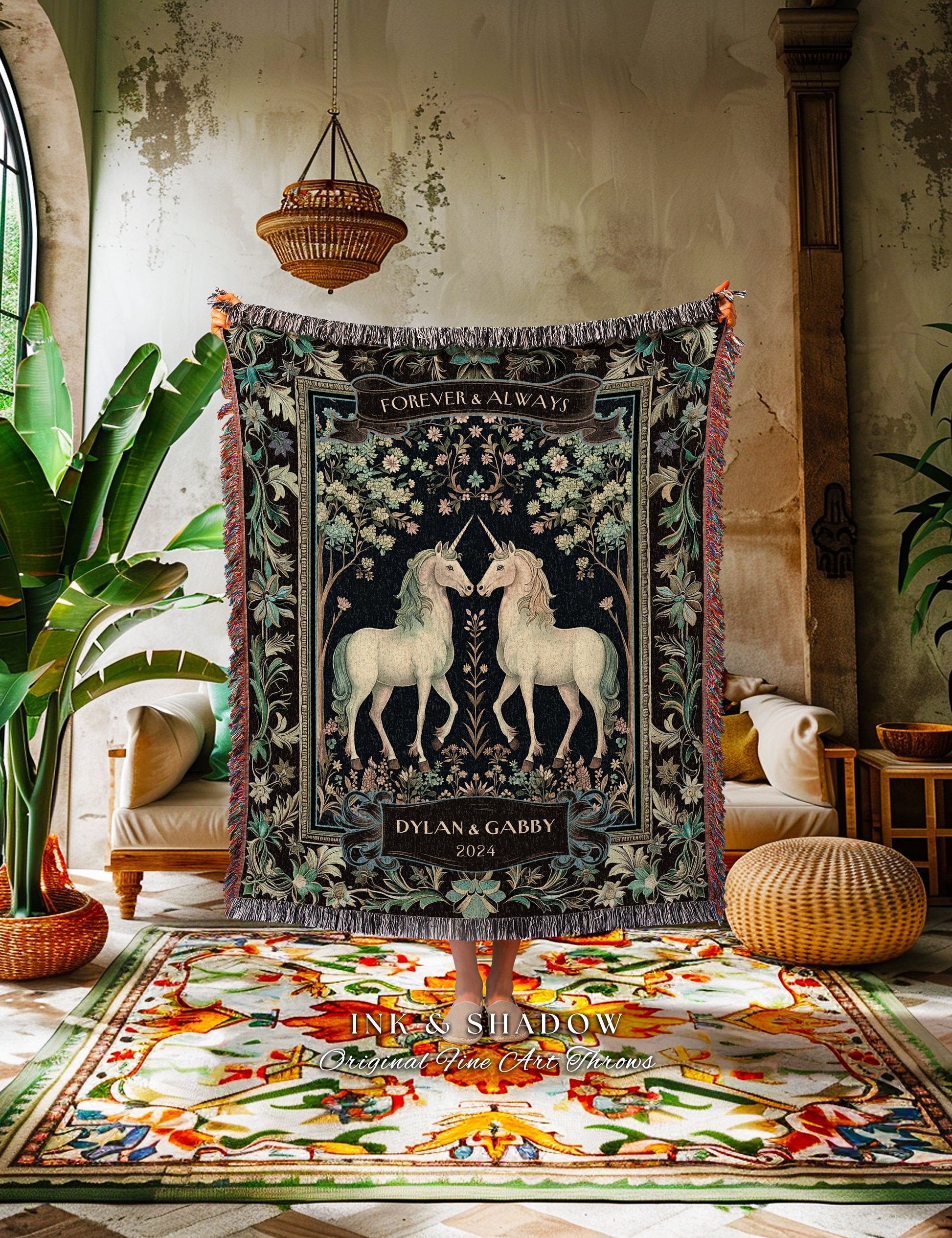 Mystic Forest Unicorn Couple Personalized Blanket | Fairytale Aesthetic Gift for Girlfriend Custom Enchanted Wedding Anniversary Tapestry |