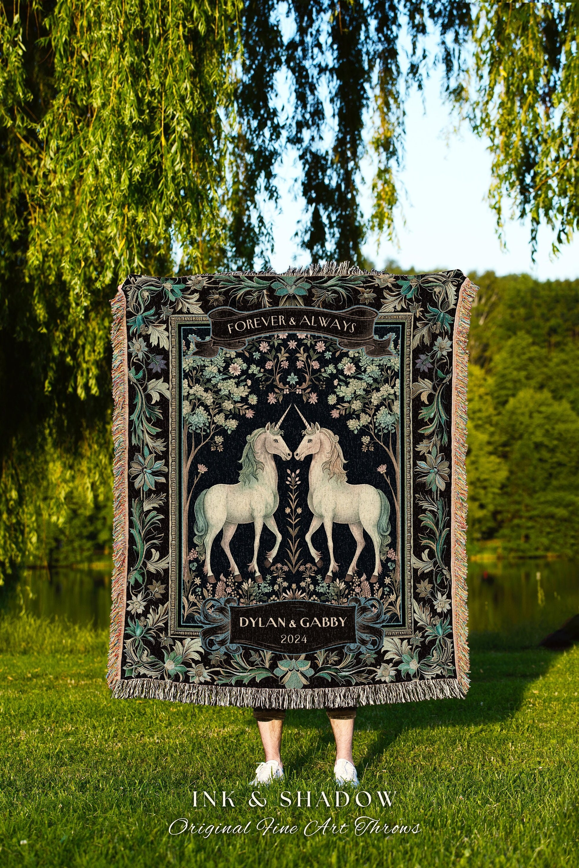 Mystic Forest Unicorn Couple Personalized Blanket | Fairytale Aesthetic Gift for Girlfriend Custom Enchanted Wedding Anniversary Tapestry |