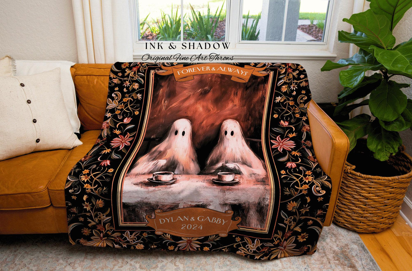 Dark Academia Ghost Couple Custom Throw | Personalized Lovers Blanket Woven Throw His & Her Names Gift for Cotton Anniversary Thoughtful |