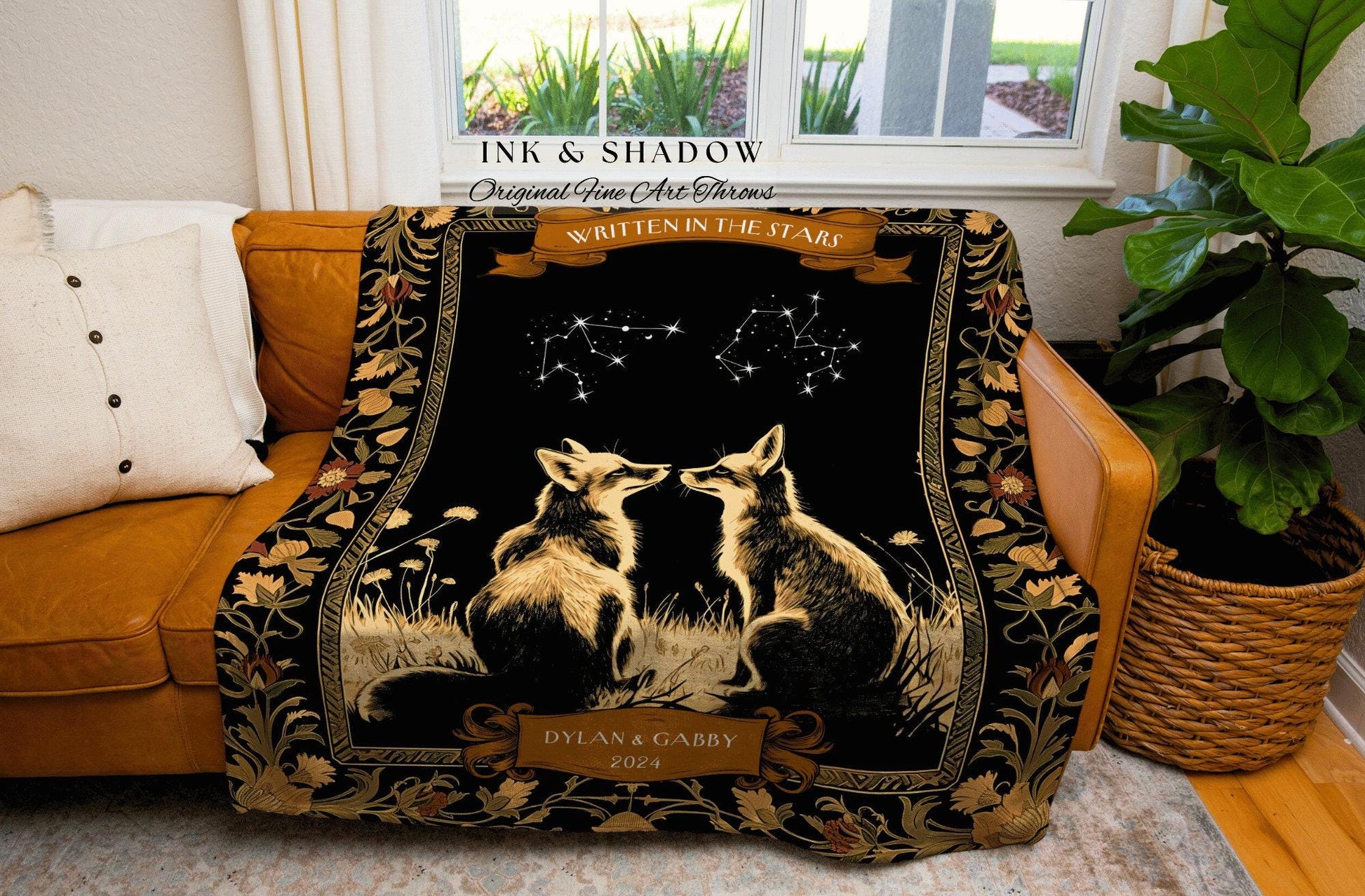 Personalized Constellation Couple Blanket | Celestial Wedding Tapestry Woven Throw Fox Blanket Couples Astrology Personalized Woodland Throw