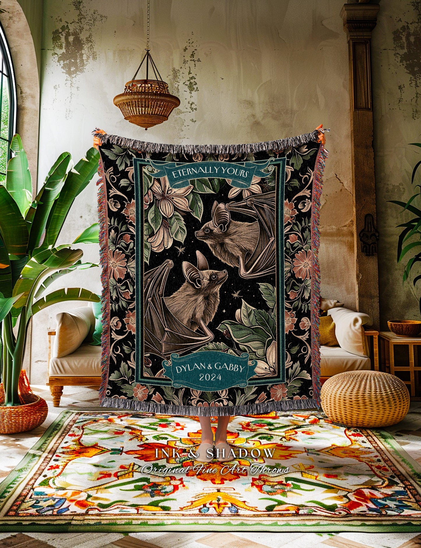 Eternally Yours Romantic Bat Couple Blanket | Celestial Bat Lovers Gothic Wedding Tapestry Til Death Do Us Part Blanket Gift for Girlfriend