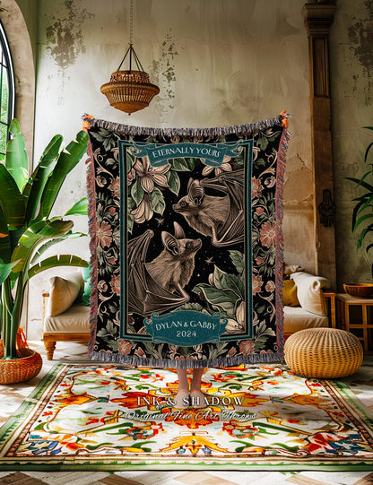 Eternally Yours Romantic Bat Couple Blanket | Celestial Bat Lovers Gothic Wedding Tapestry Til Death Do Us Part Blanket Gift for Girlfriend