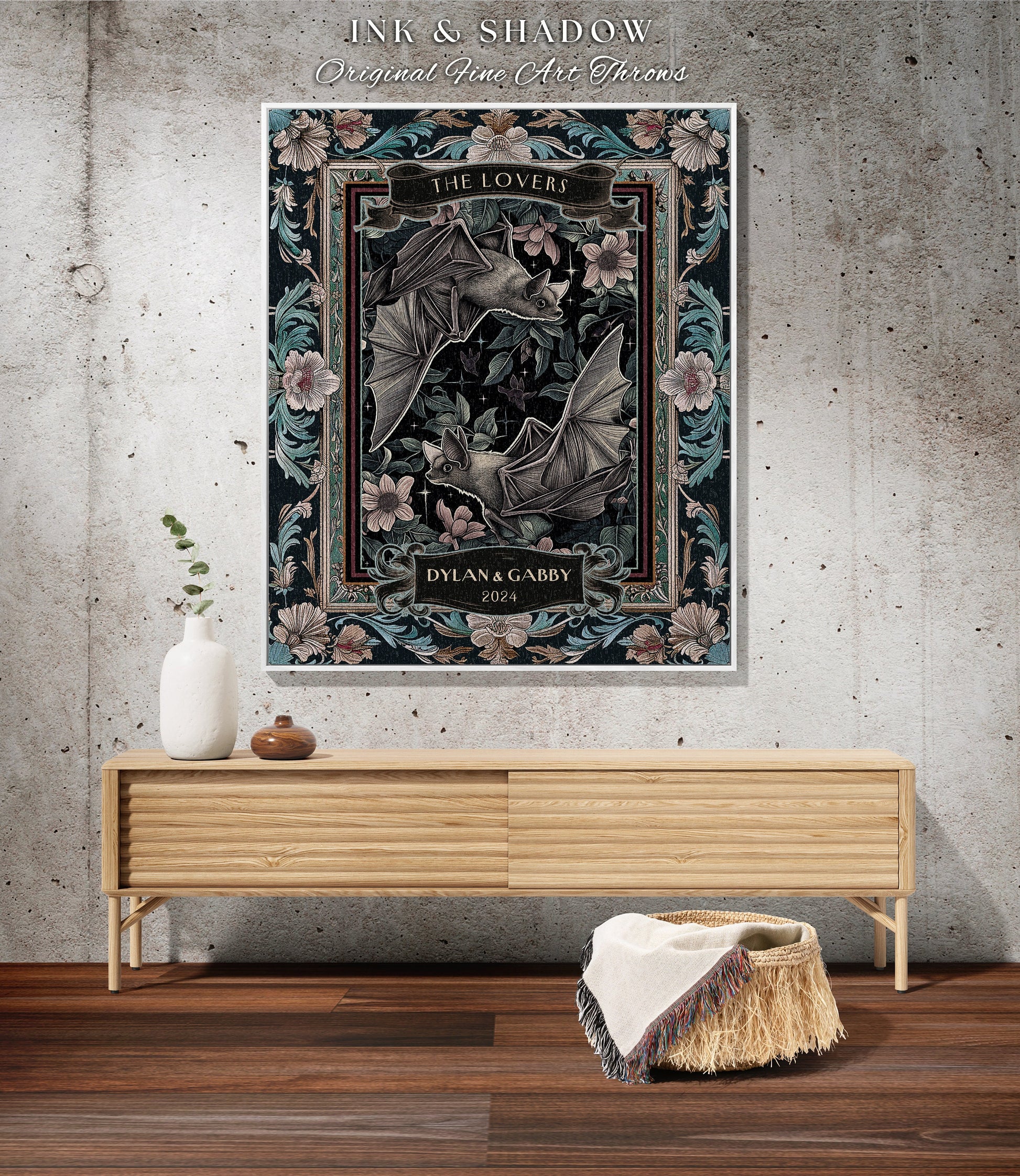 Dark Whimsical Bat Lovers Tapestry | Cottagecore Bat Couple Woodland Gothic Wedding Gift Til Death Do Us Part Blanket Gift for Girlfriend |