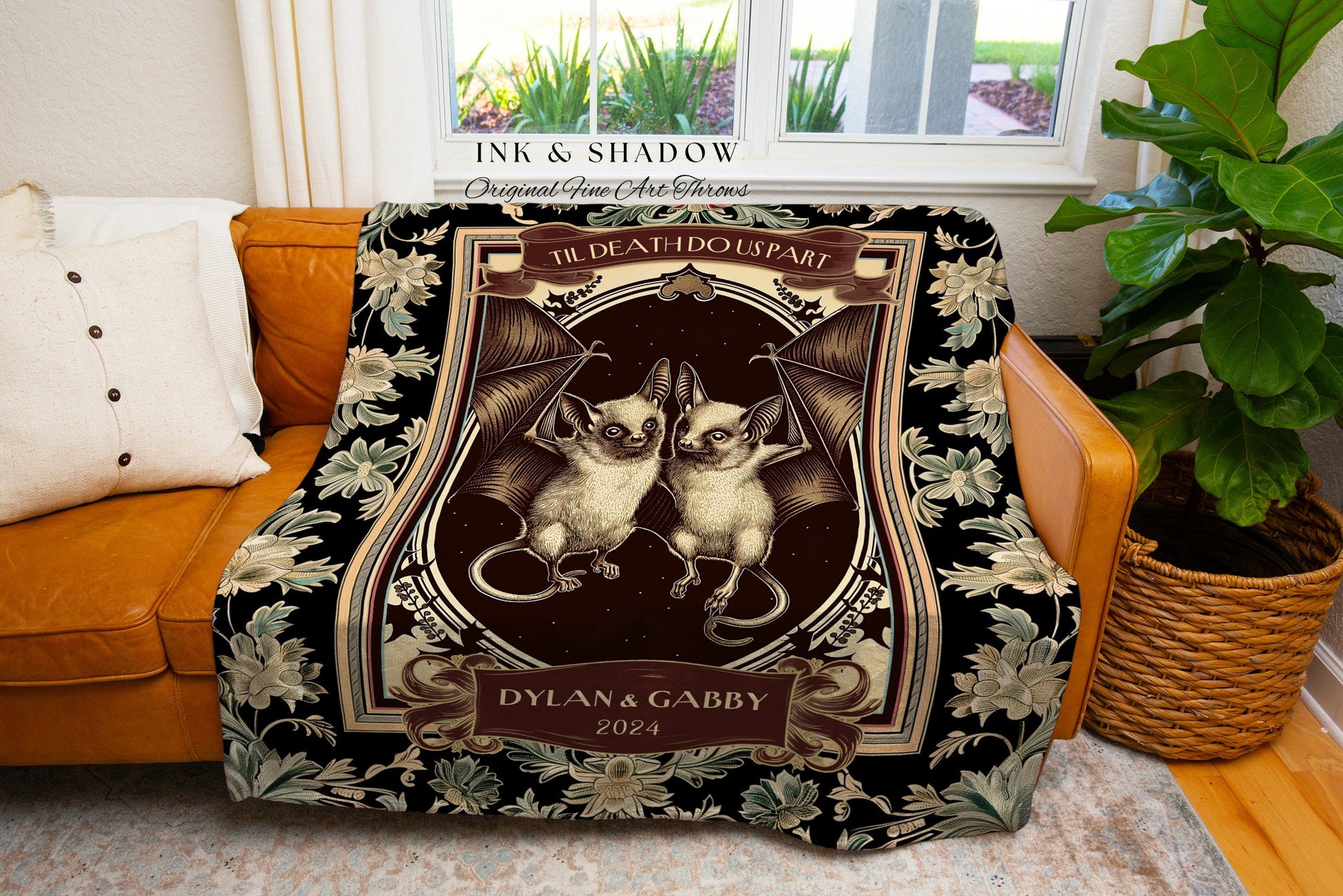 Victorian Gothic Bat Couple Woven Blanket | Celestial Bat Lovers Gothic Wedding Tapestry Til Death Do Us Part Blanket Gift for Girlfriend |