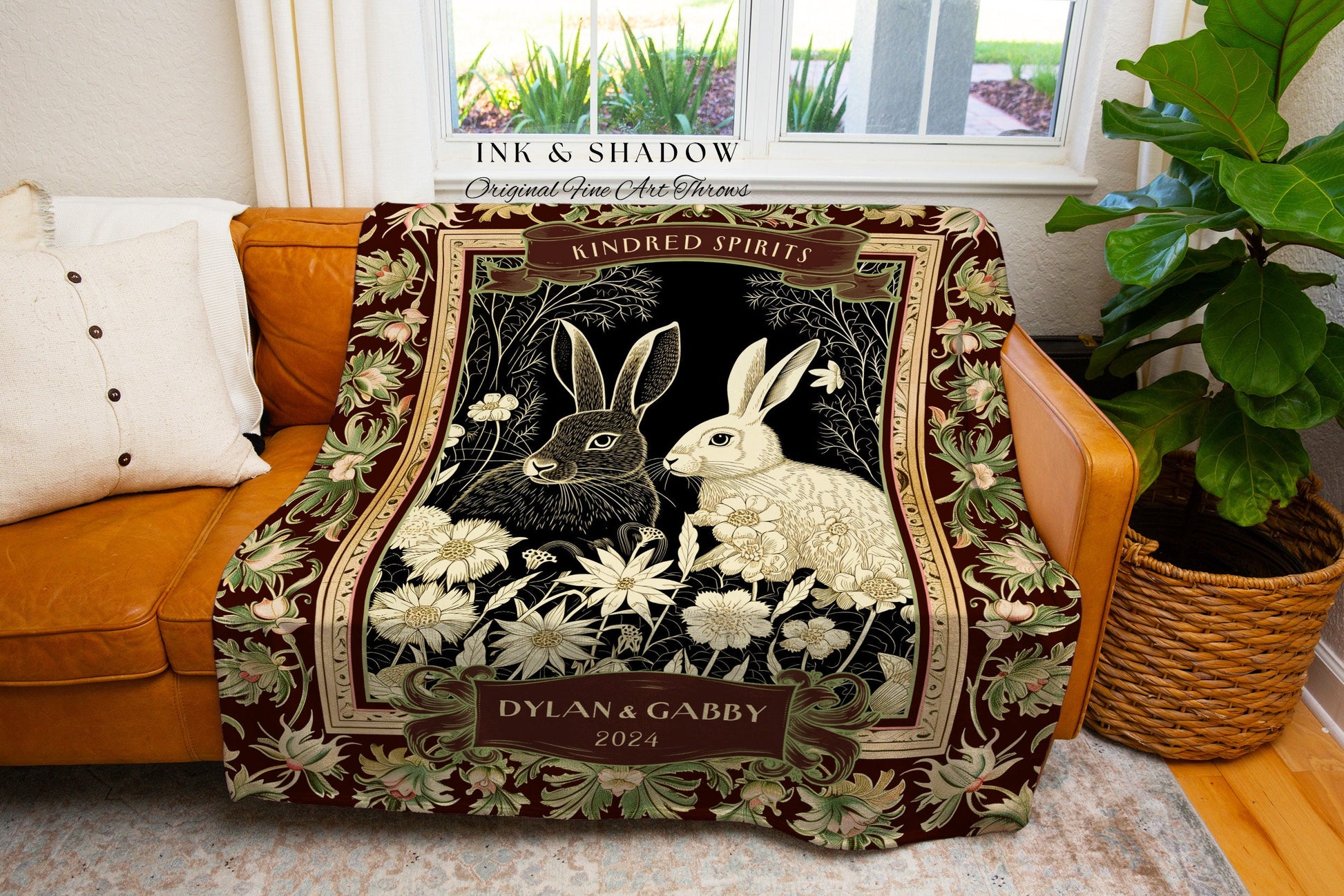 Floral Rabbit Couple Custom Blanket | Cute Anniversary Gift Gothic Bunny Blanket Romantic Couples Tapestry Personalized Gift for Girlfriend