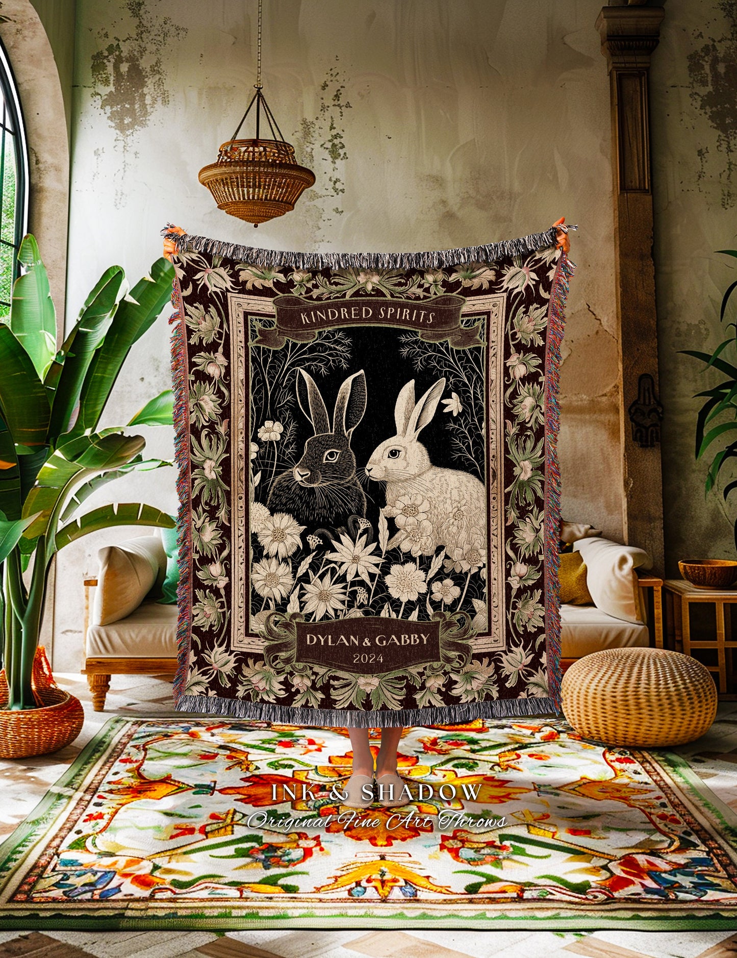 Floral Rabbit Couple Custom Blanket | Cute Anniversary Gift Gothic Bunny Blanket Romantic Couples Tapestry Personalized Gift for Girlfriend