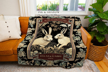 Woodland Rabbits Custom Throw Blanket | Cute Anniversary Gift Gothic Bunny Blanket Romantic Couples Tapestry Custom Mr & Mrs Meaningful Gift