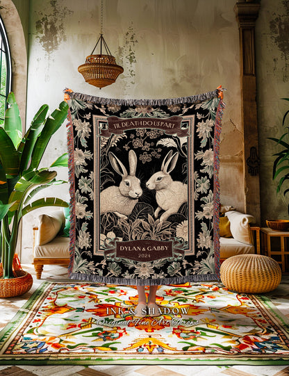 Woodland Rabbits Custom Throw Blanket | Cute Anniversary Gift Gothic Bunny Blanket Romantic Couples Tapestry Custom Mr & Mrs Meaningful Gift