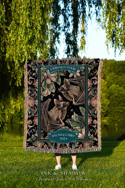 Eternally Yours Romantic Bat Couple Blanket | Celestial Bat Lovers Gothic Wedding Tapestry Til Death Do Us Part Blanket Gift for Girlfriend