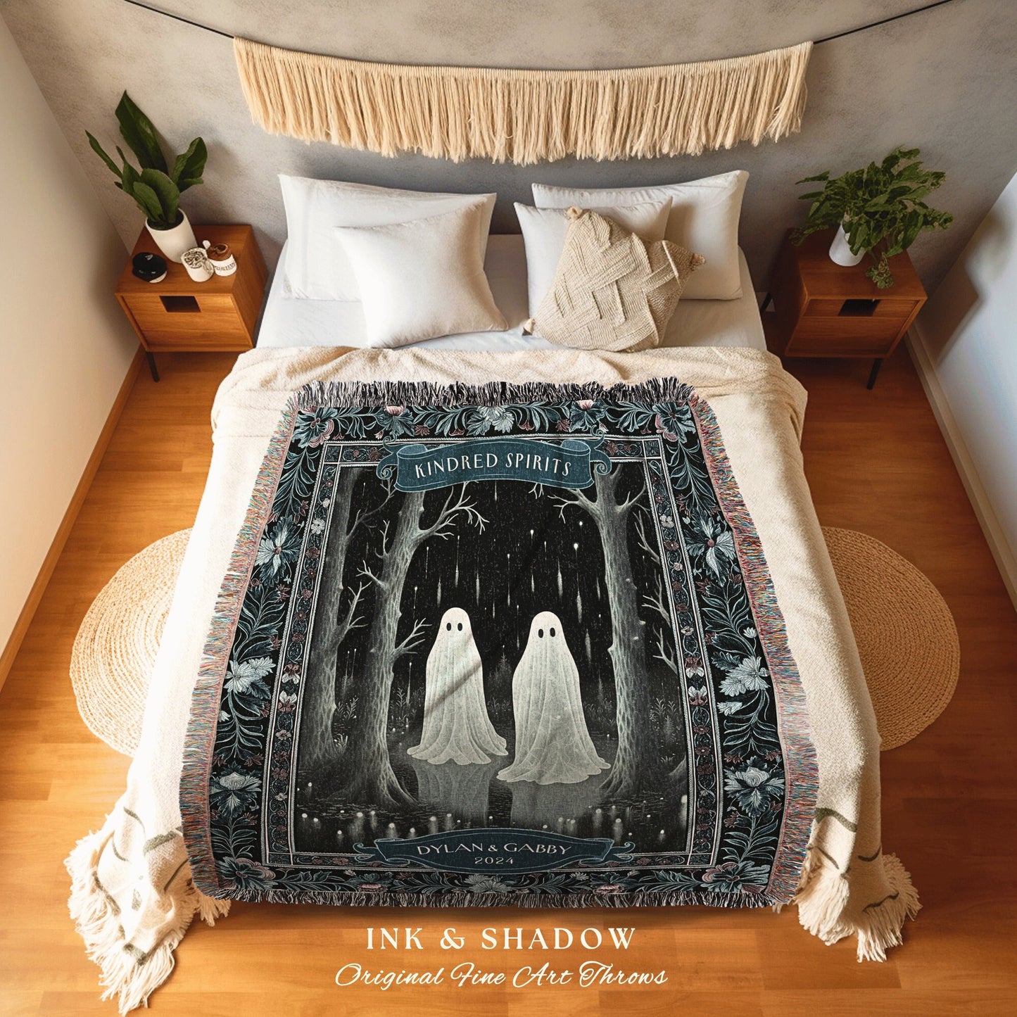 Moody Ghosts Couple Personalized Blanket | Kindred Spirits Personalized Gothic Wedding Tapestry Woven Throw Custom Ghost Lover Gift for Her