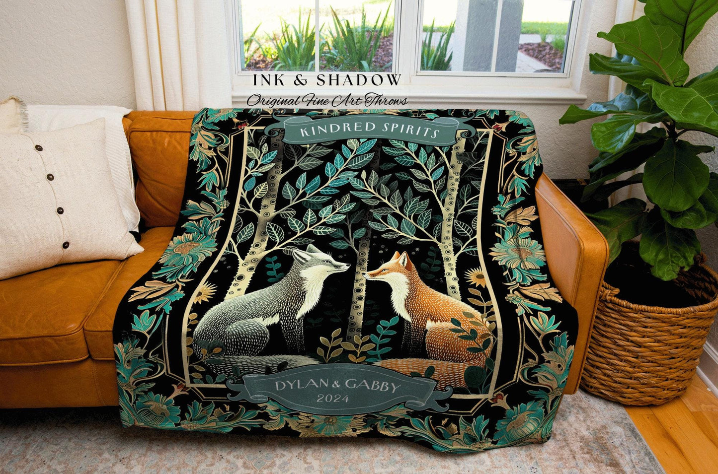 Teal Woodland Fox Couple Tapestry Custom | Folklore Wedding Gothic Fox Lover Gift Cute Anniversary Blanket Personalized Dating Gift for Her