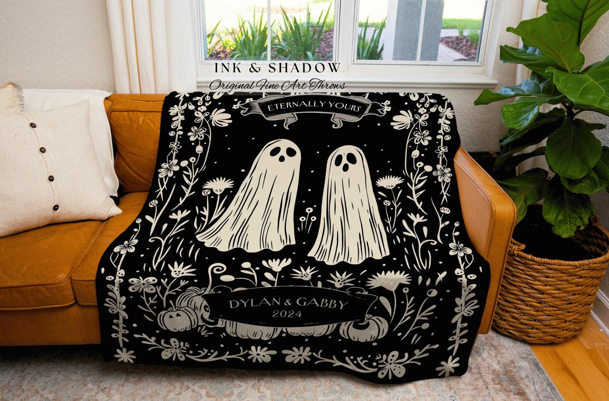 Cute Celestial Ghost Blanket Personalized | Dark Academia Custom Ghost Couple Tapestry Woven Throw His & Her Gift for Girlfriend Meaningful