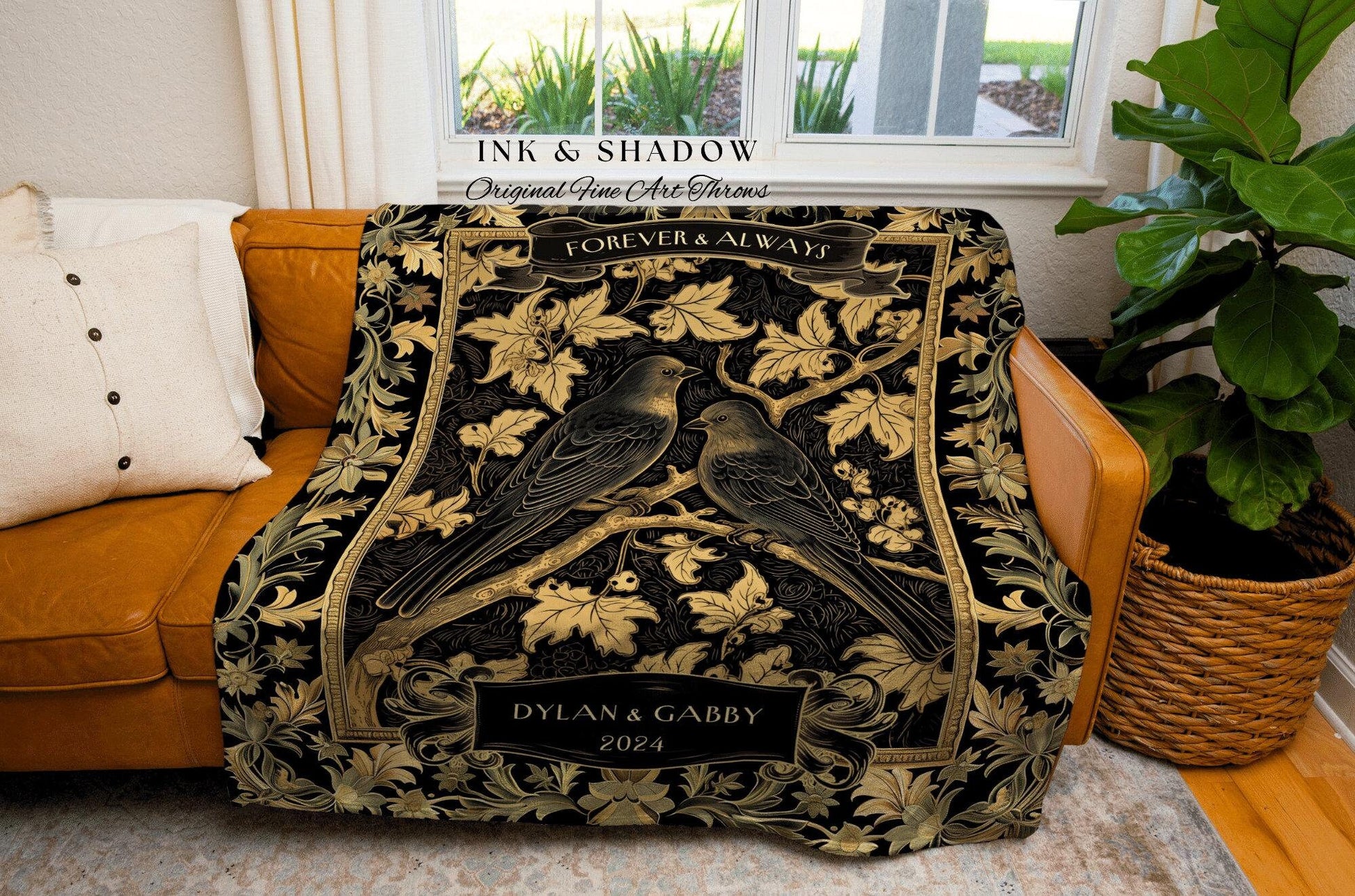 Love Birds Personalized Blanket for Couple | Dark Academia Aesthetic Custom Woven Throw Gothic Gift for Girlfriend 'Til Death do us Part' |