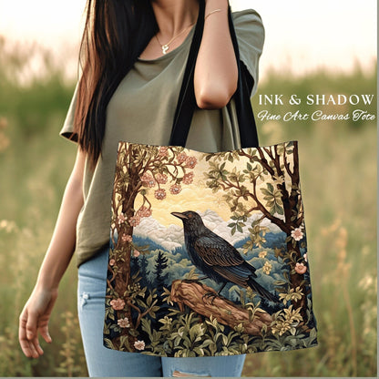 Folk Art Crow Whimsical Woodland Woven Tapestry Tote | Victorian Cottagecore Botanical Nature Raven Art Storybook Bird Lover Everyday Bag