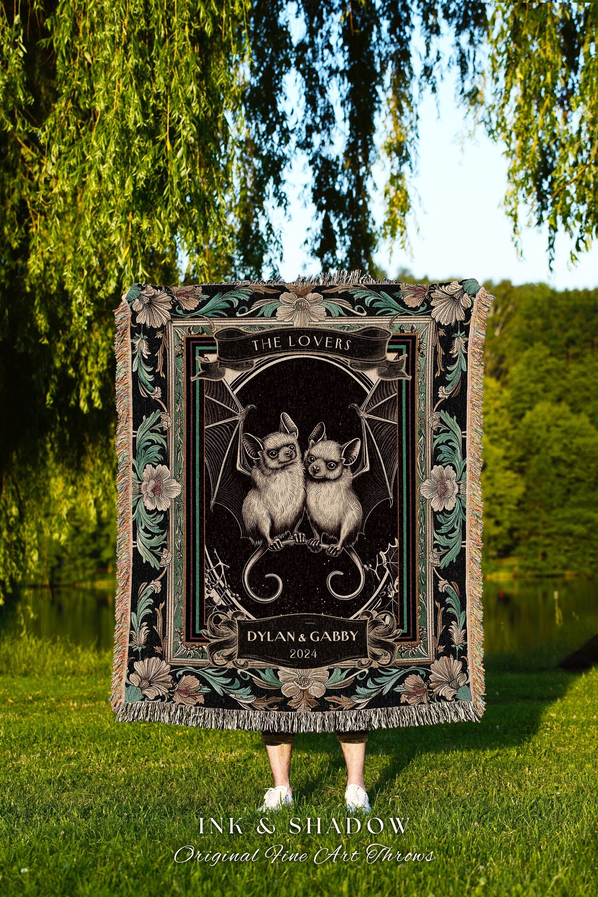 Gothic Teal Victorian Bat Couple Blanket | Dark Academia Bat Lovers Tapestry Personalized Cute Wedding Blanket Gift for Partner Thoughtful |