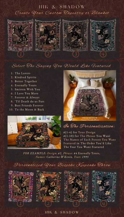 Folklore Aesthetic Bat Blanket Custom | Celestial Bat Couple Gothic Wedding Tapestry 'The Lovers' Blanket Gift for Goth Couples Dark Floral