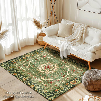 Boho Olive Green Floor Rug | Classic Ornate Victorian Rug With Sage Green Detail Accent Bohemian Aesthetic For Cozy Reading Nook Boho Style