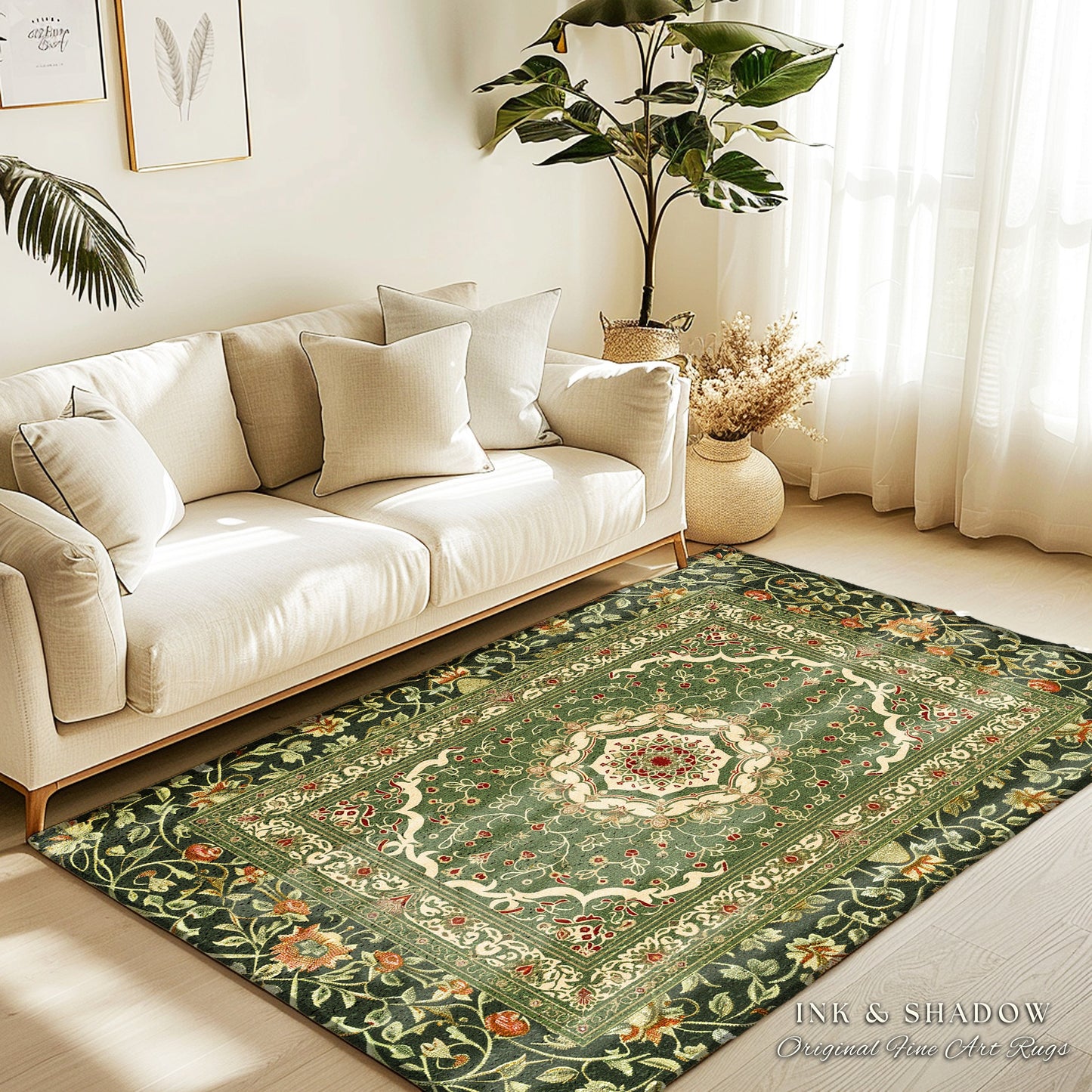 Boho Olive Green Floor Rug | Classic Ornate Victorian Rug With Sage Green Detail Accent Bohemian Aesthetic For Cozy Reading Nook Boho Style