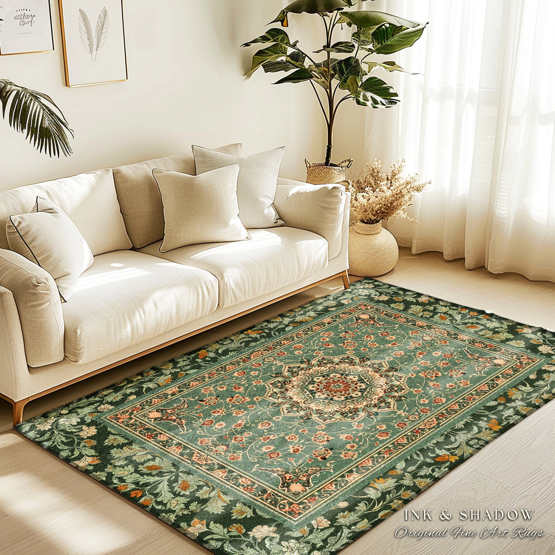 Folklore Aesthetic Living Room Rug | Classic Ornate Victorian Rug with Seafoam Green Detail Accent Bohemian Aesthetic for Cozy Reading Nook