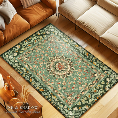 Folklore Aesthetic Living Room Rug | Classic Ornate Victorian Rug with Seafoam Green Detail Accent Bohemian Aesthetic for Cozy Reading Nook