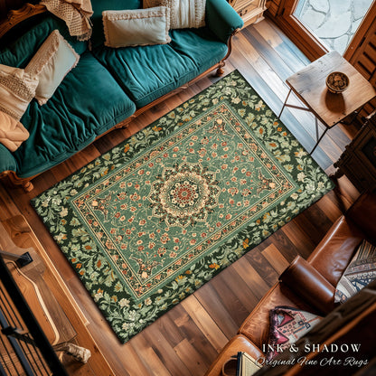 Folklore Aesthetic Living Room Rug | Classic Ornate Victorian Rug with Seafoam Green Detail Accent Bohemian Aesthetic for Cozy Reading Nook