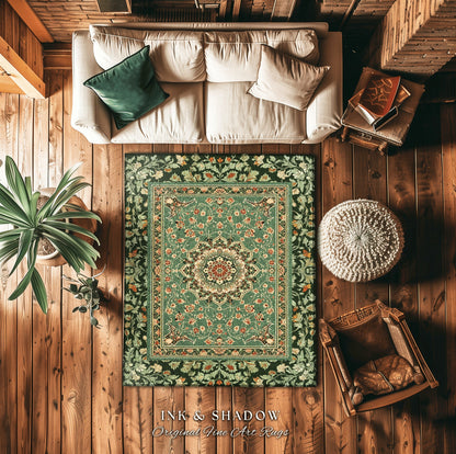 Folklore Aesthetic Living Room Rug | Classic Ornate Victorian Rug with Seafoam Green Detail Accent Bohemian Aesthetic for Cozy Reading Nook