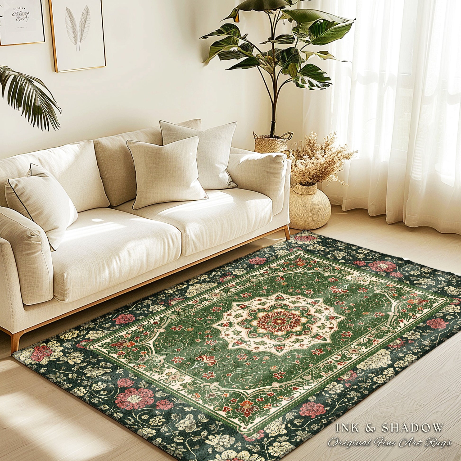 Jade Green Statement Rug | Classic Ornate Victorian Rug with Green Detail Peachy Accent Bohemian Aesthetic for Cozy Reading Nook Boho Design