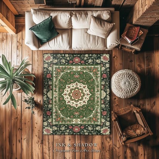 Jade Green Statement Rug | Classic Ornate Victorian Rug with Green Detail Peachy Accent Bohemian Aesthetic for Cozy Reading Nook Boho Design