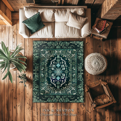 Deep Sea Green Room Accent Rug | Classic Ornate Statement Rug with Blue Green Detail Bohemian Mandala Aesthetic for Cozy Hippie Room Boho |