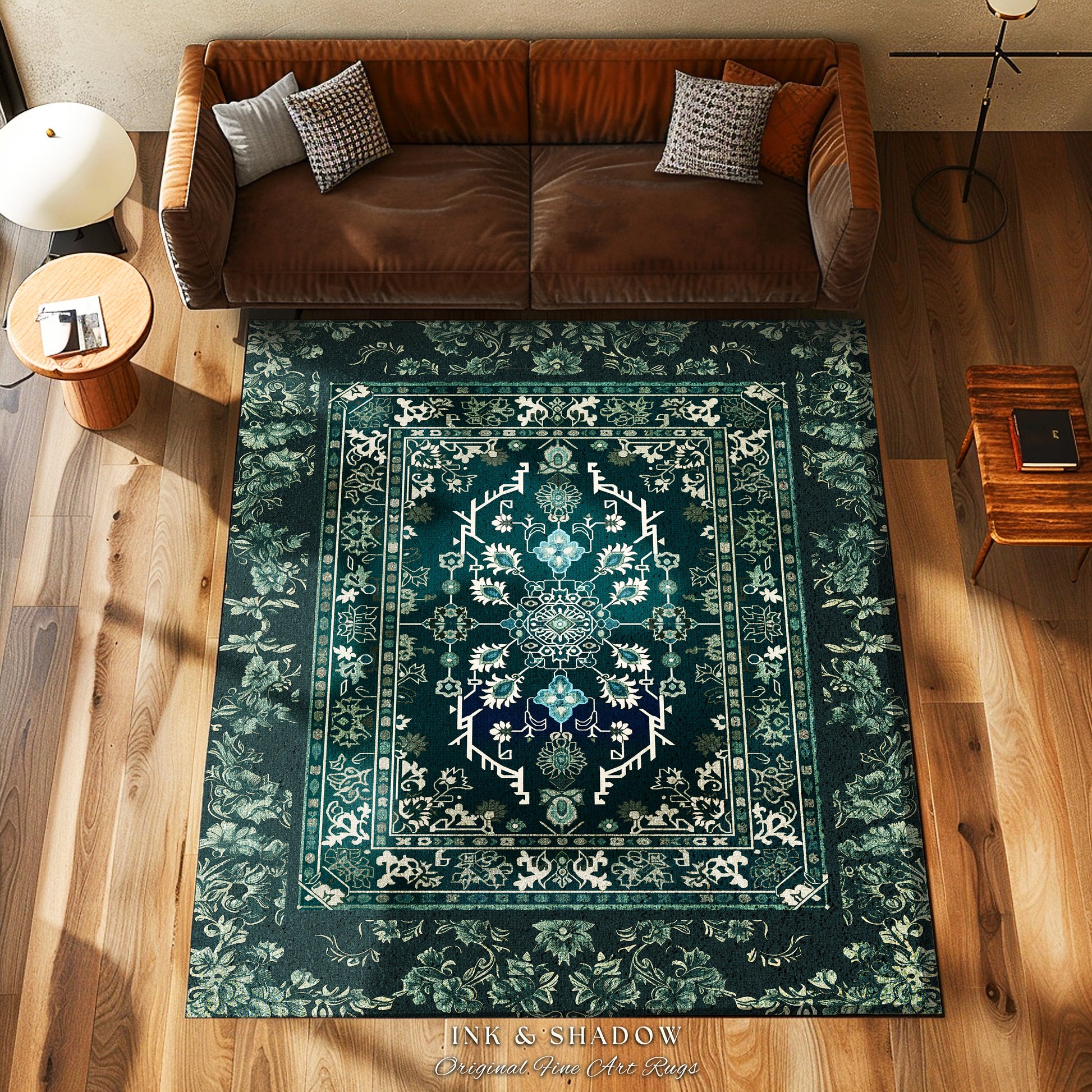 Deep Sea Green Room Accent Rug | Classic Ornate Statement Rug with Blue Green Detail Bohemian Mandala Aesthetic for Cozy Hippie Room Boho |