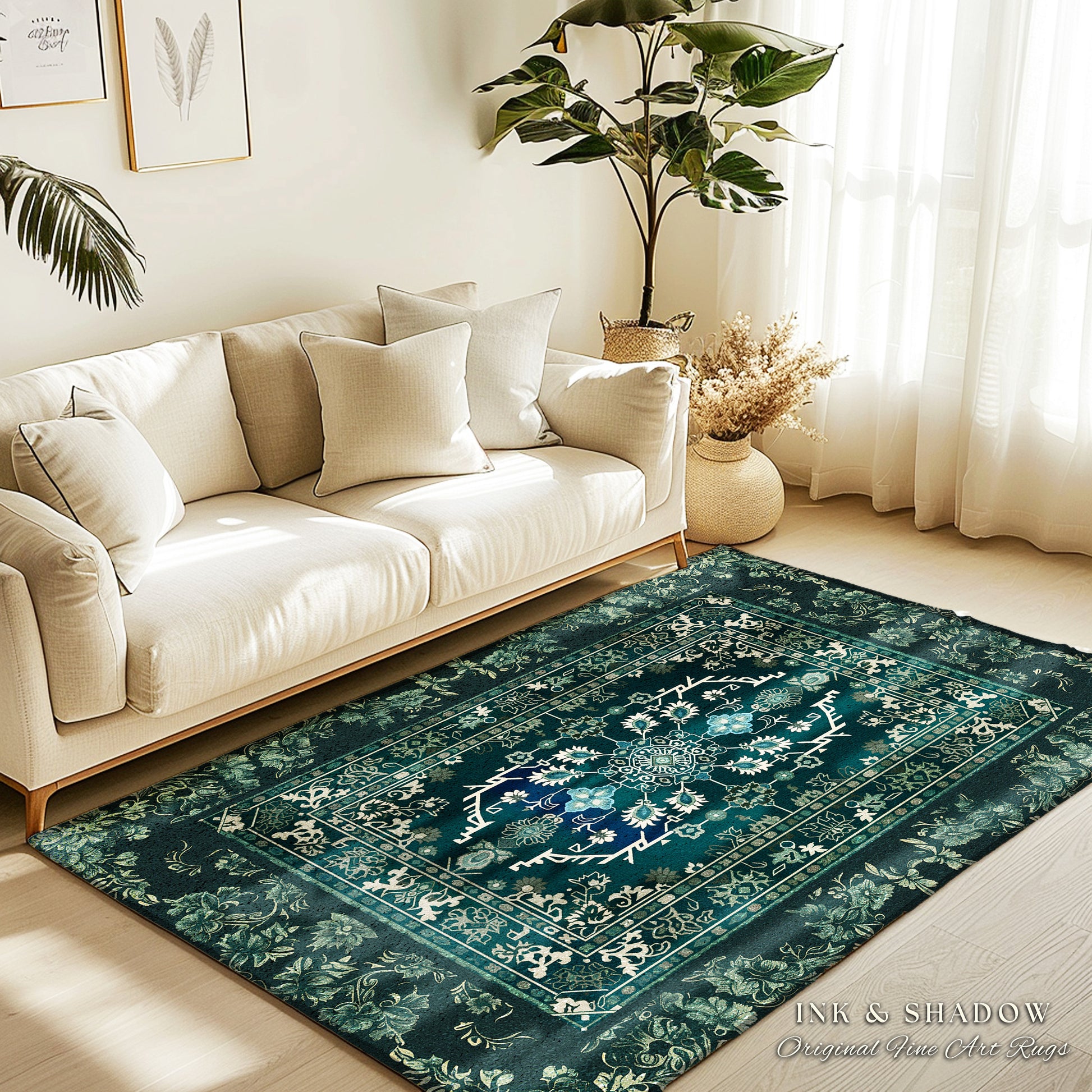 Deep Sea Green Room Accent Rug | Classic Ornate Statement Rug with Blue Green Detail Bohemian Mandala Aesthetic for Cozy Hippie Room Boho |