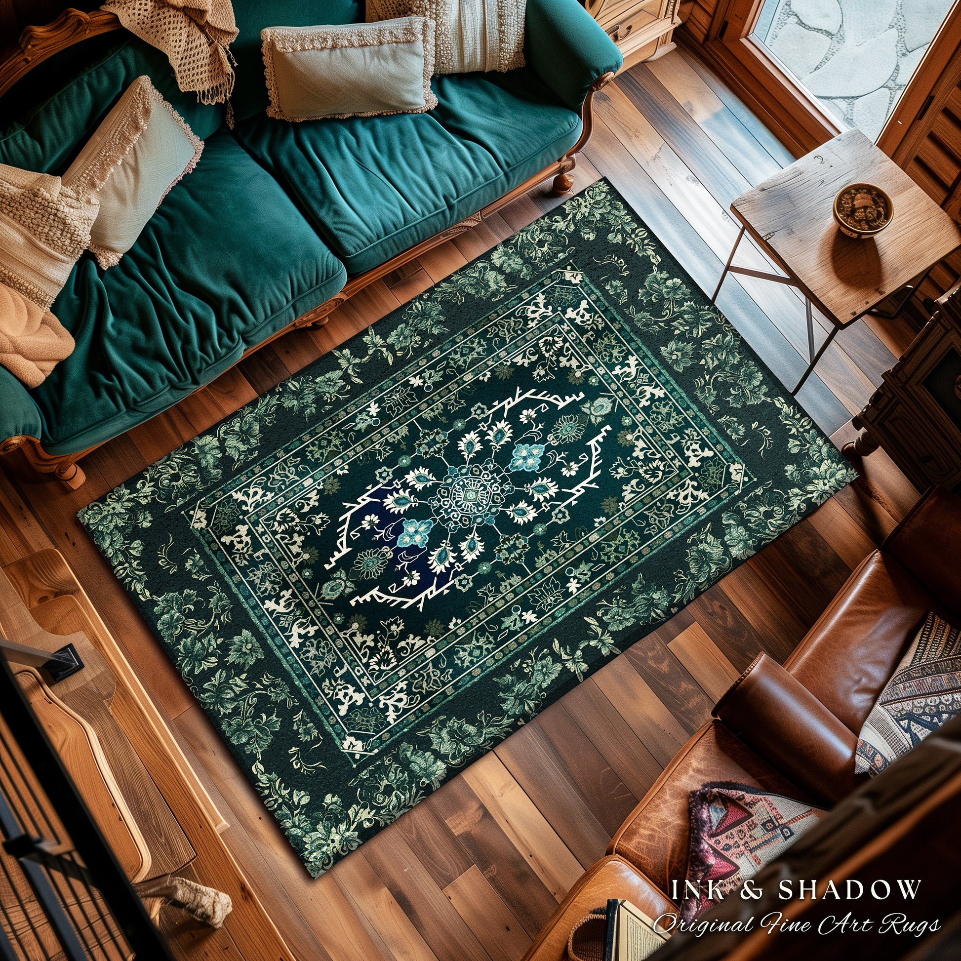 Deep Sea Green Room Accent Rug | Classic Ornate Statement Rug with Blue Green Detail Bohemian Mandala Aesthetic for Cozy Hippie Room Boho |