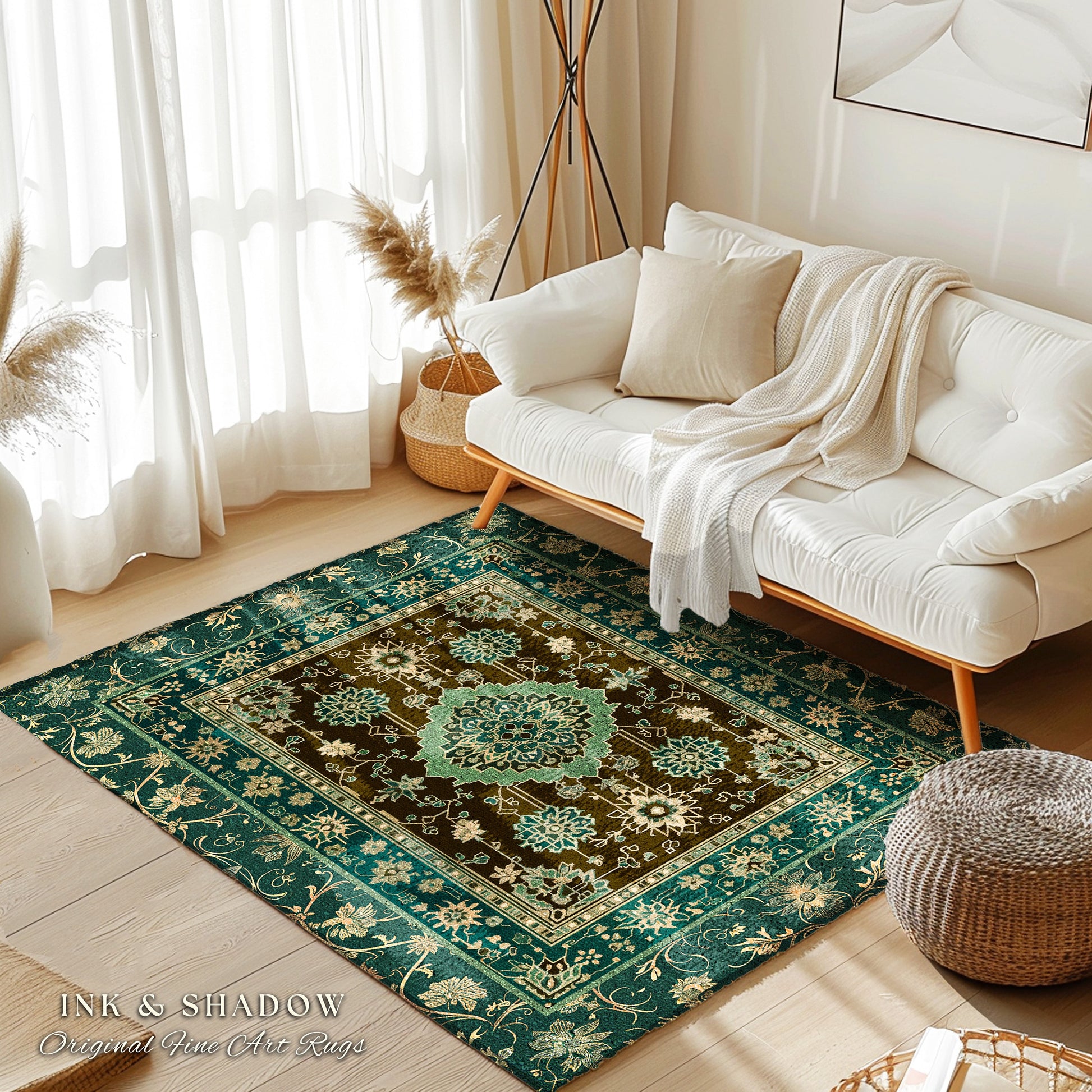 Dark Academia Emerald Statement Rug | Reading Nook Cozy Floor Rug Ornate Rug with Blue Green Detail Cottagecore Victorian Gothic Aesthetic