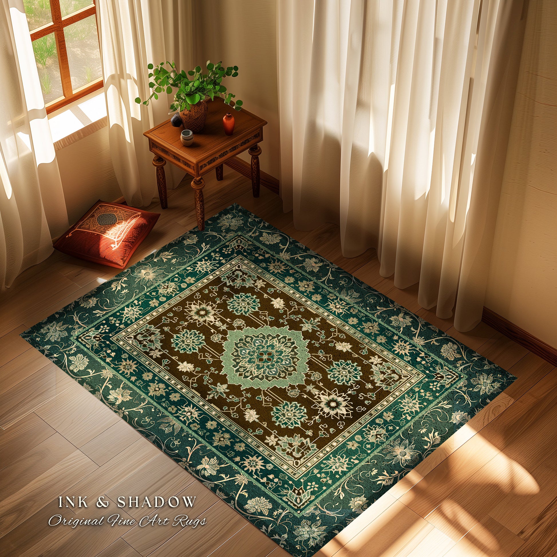 Dark Academia Emerald Statement Rug | Reading Nook Cozy Floor Rug Ornate Rug with Blue Green Detail Cottagecore Victorian Gothic Aesthetic