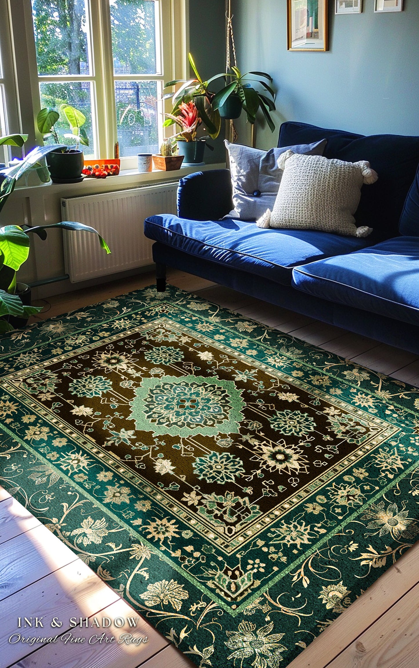 Dark Academia Emerald Statement Rug | Reading Nook Cozy Floor Rug Ornate Rug with Blue Green Detail Cottagecore Victorian Gothic Aesthetic