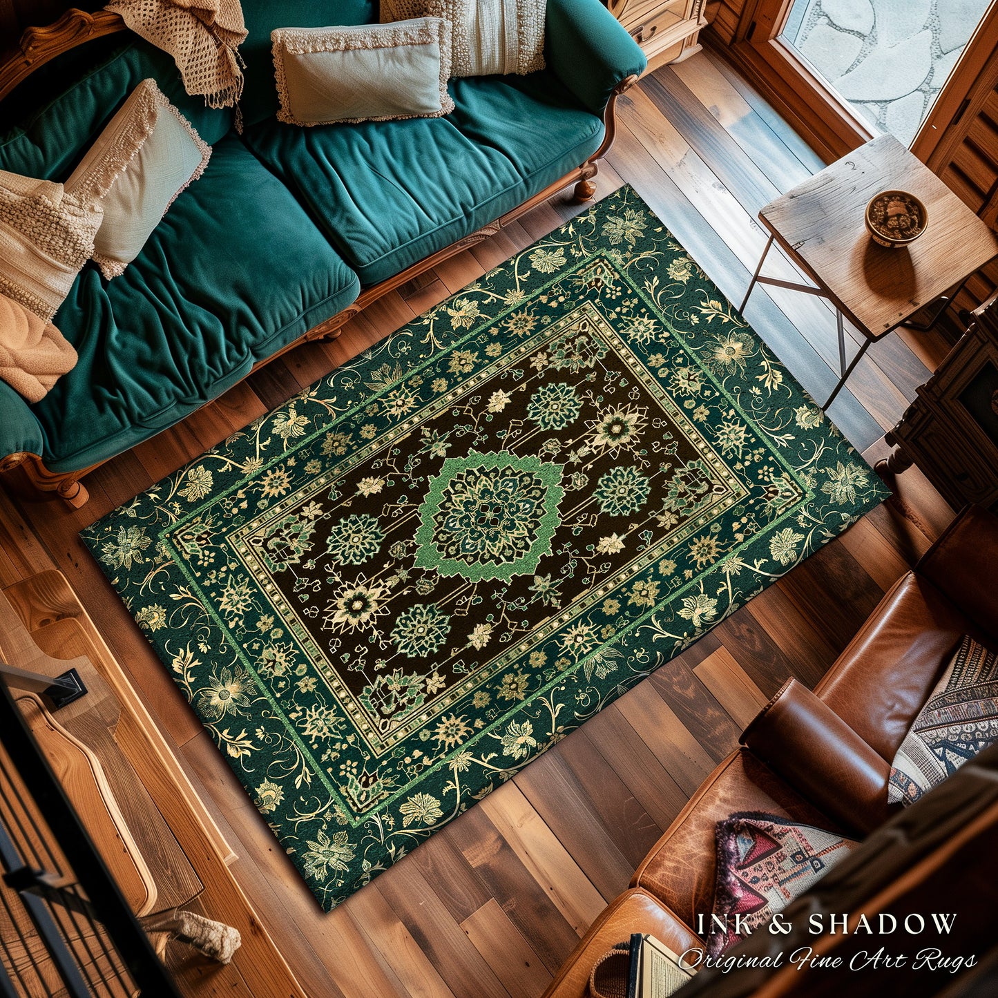 Dark Academia Emerald Statement Rug | Reading Nook Cozy Floor Rug Ornate Rug with Blue Green Detail Cottagecore Victorian Gothic Aesthetic