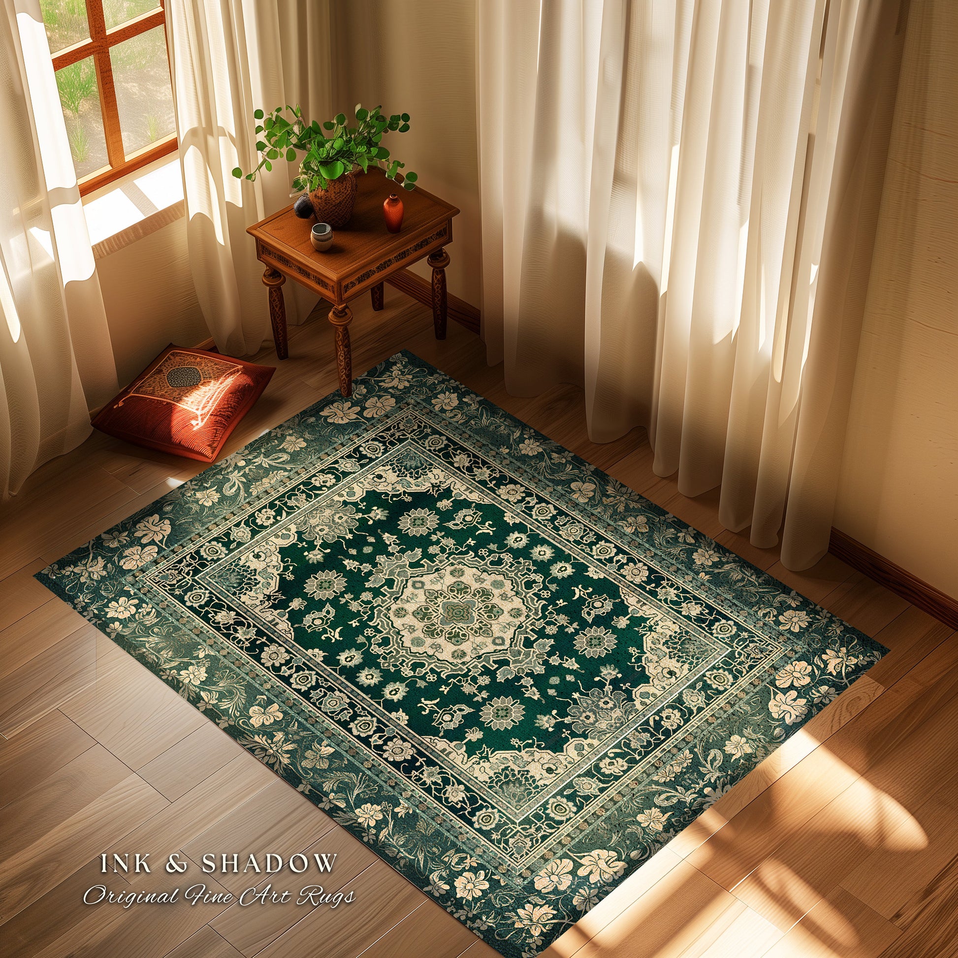 Victorian Gothic Bedroom Rug | Reading Nook Cozy Floor Rug Ornate Statement Rug with Blue Green Detail Cottagecore Dark Academia Aesthetic