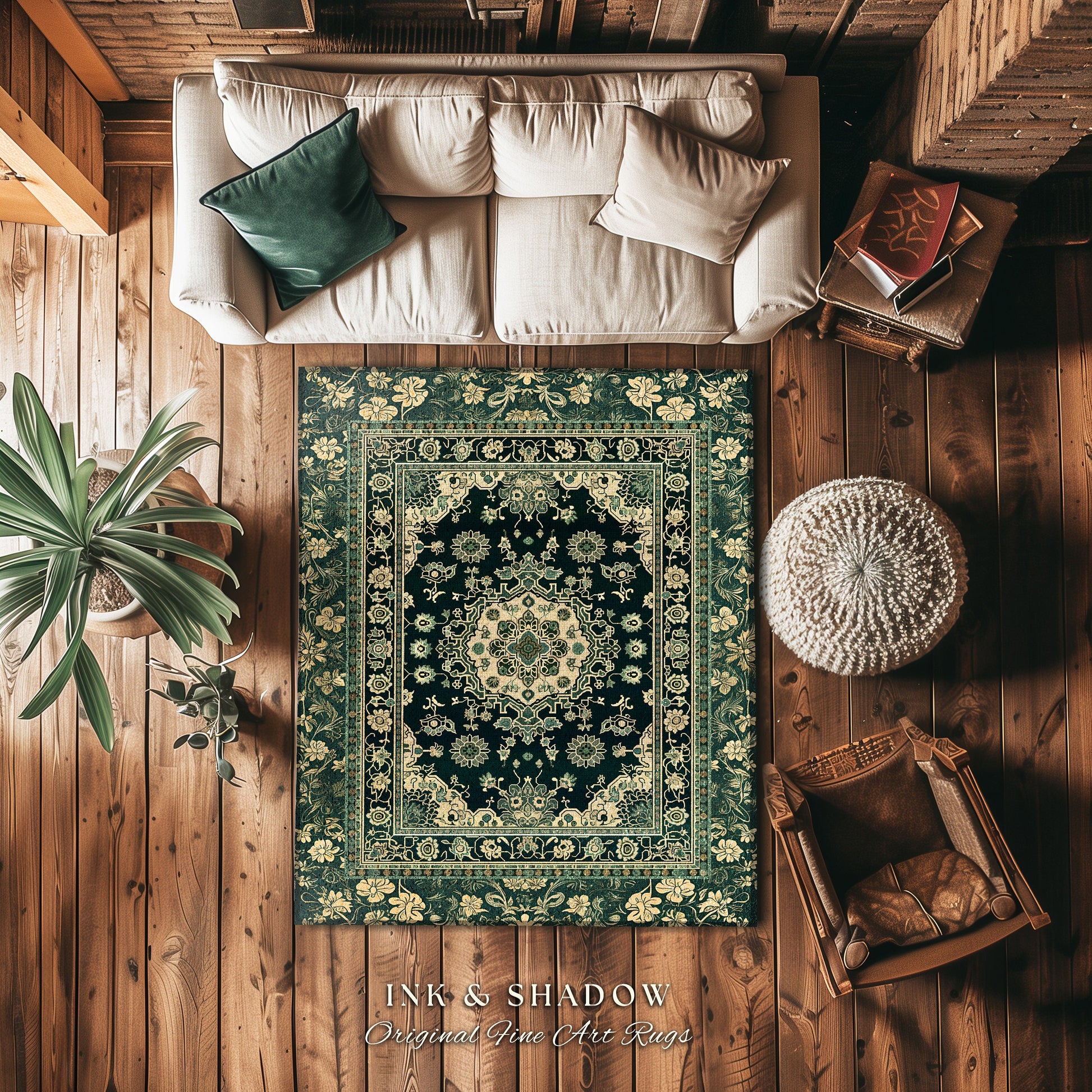 Victorian Gothic Bedroom Rug | Reading Nook Cozy Floor Rug Ornate Statement Rug with Blue Green Detail Cottagecore Dark Academia Aesthetic