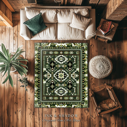 Classic Geometric Green Rug | Modern Midcentury Home Accent Ornate Nordic Inspired Rug with Forest Green Detail Bohemian Style Aesthetic |