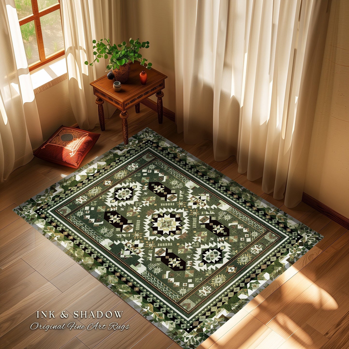 Classic Geometric Green Rug | Modern Midcentury Home Accent Ornate Nordic Inspired Rug with Forest Green Detail Bohemian Style Aesthetic |