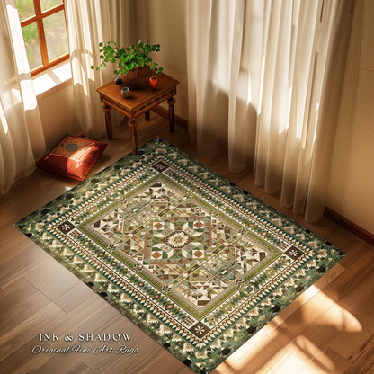 Rustic Geometric Green Rug | Midcentury Home Accent Ornate Victorian Rug with Forest Green Detail Bohemian Aesthetic for Cozy Guest Bedroom