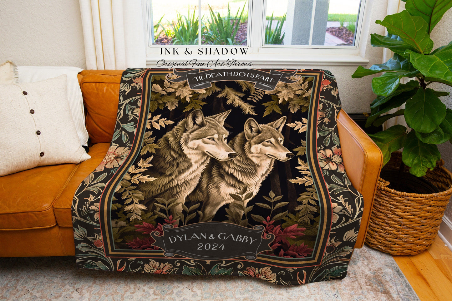 Wolf Couple Custom Throw Blanket | Anniversary Gift Personalized Blanket Dark Cottagecore Wedding Unique Couple Gift Ideas Cute Tapestry |