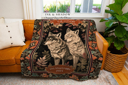 Floral Renaissance Wolf Couple Woven Throw | Victorian Gothic Wolf Lover Custom Tapestry Blanket Dark Woodland Aesthetic Anniversary Gift |