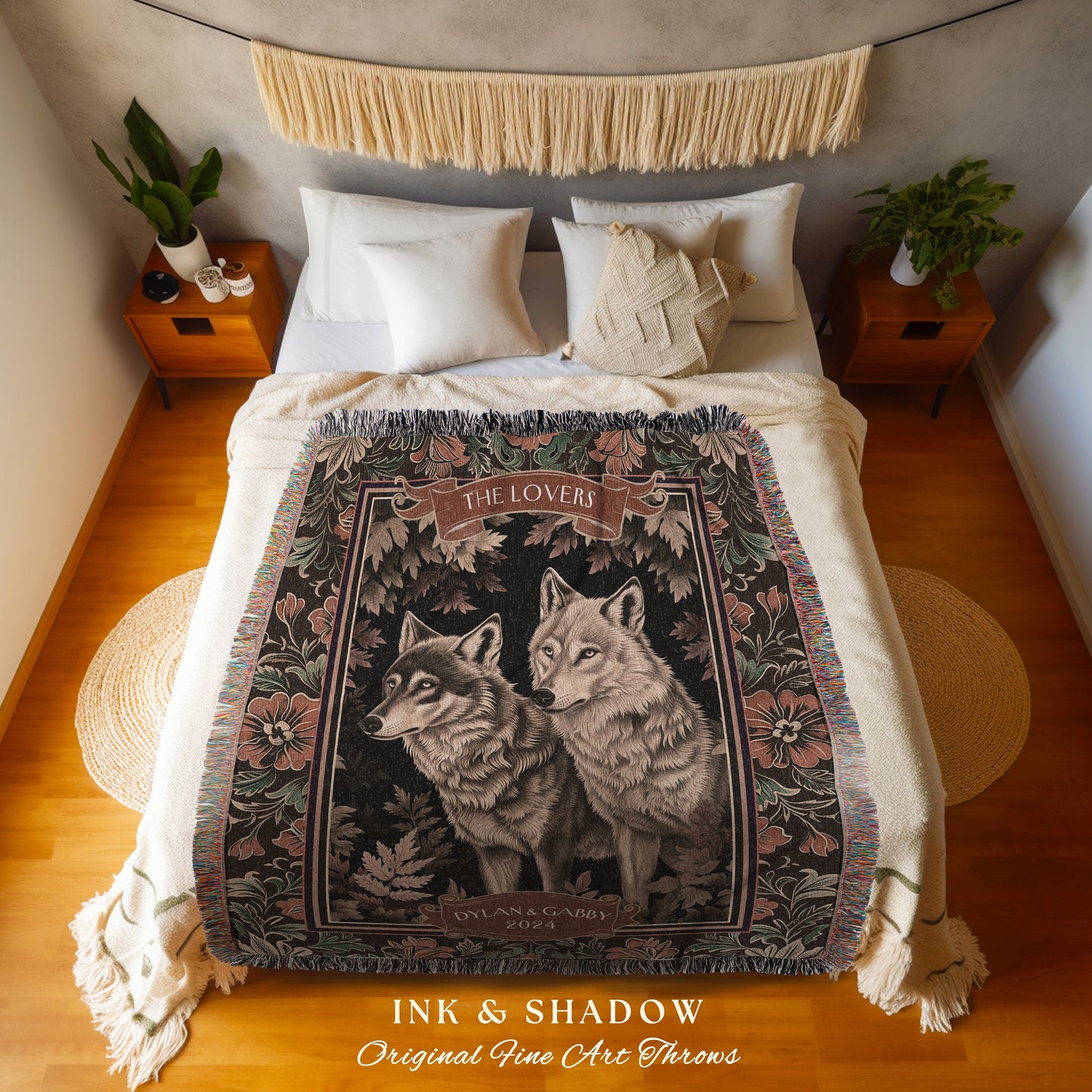 Floral Renaissance Wolf Couple Woven Throw | Victorian Gothic Wolf Lover Custom Tapestry Blanket Dark Woodland Aesthetic Anniversary Gift |