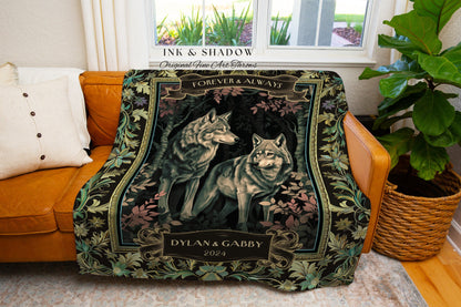 Fairycore Wolf Couple Personalized Woven Blanket | Witchy Woodland Wolf Lovers Throw Dark Floral Aesthetic Cozy Relationship Gothic Forest |