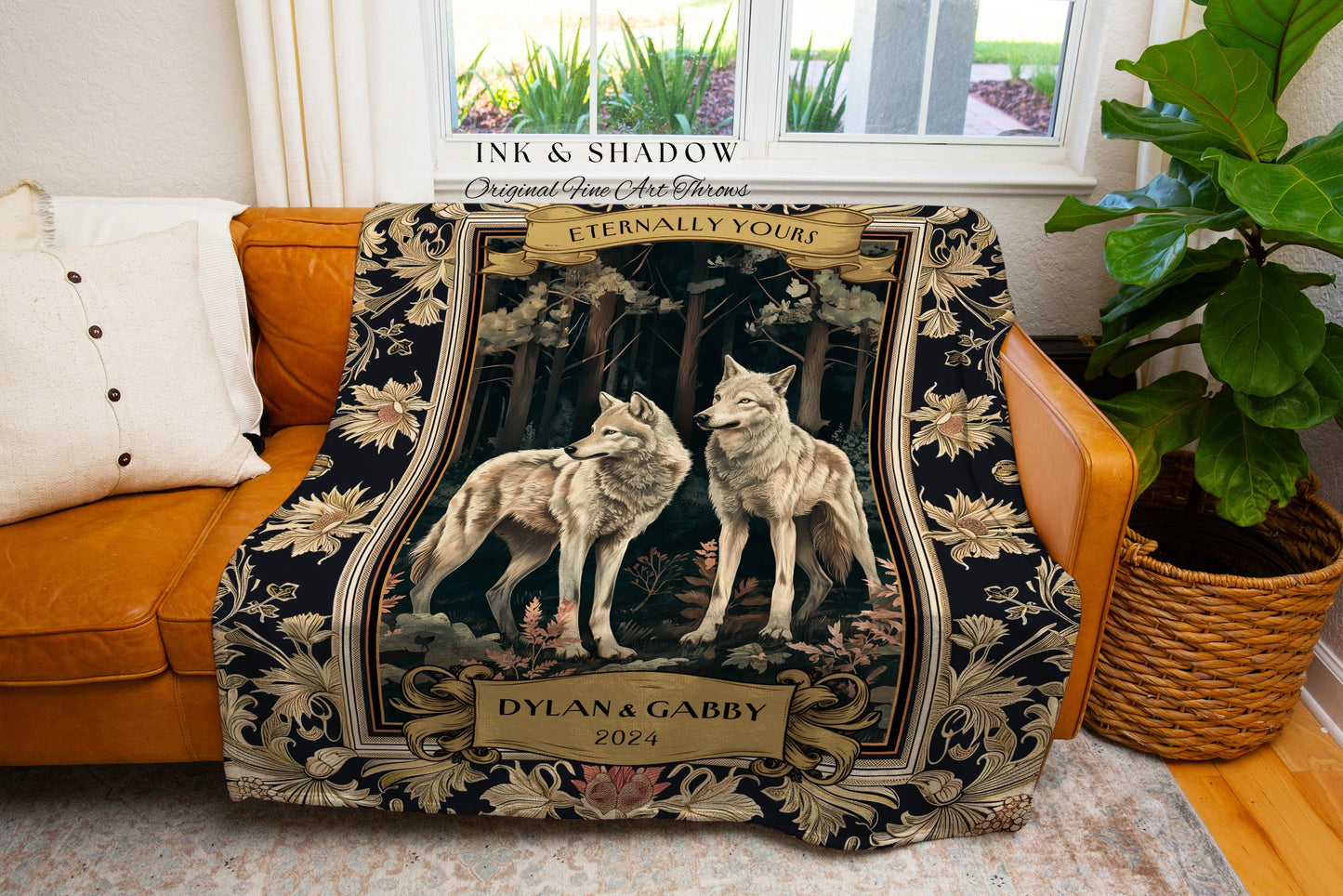 Eternally Yours Wolf Couple Cozy Throw | Golden Tarot Gothic Wolf Lover Custom Throw Blanket Dark Victorian Aesthetic Anniversary Cute Gift