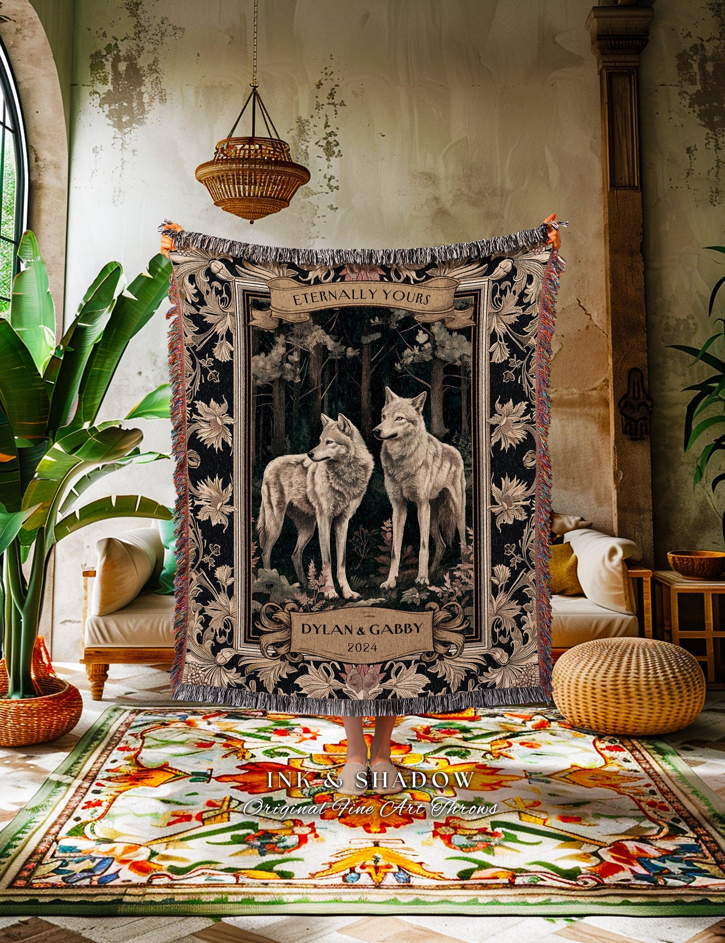 Eternally Yours Wolf Couple Cozy Throw | Golden Tarot Gothic Wolf Lover Custom Throw Blanket Dark Victorian Aesthetic Anniversary Cute Gift