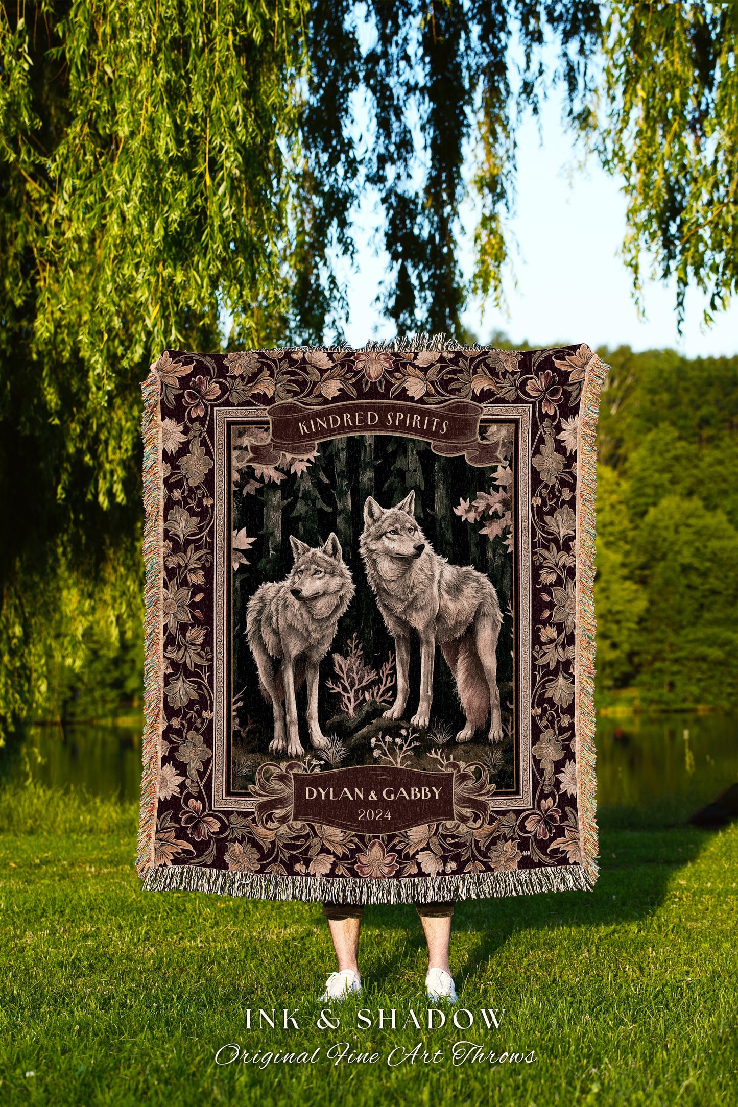 Mystic Woodland Wolf Couple Tapestry | Personalized Anniversary Meaningful Throw Blanket Dark Cottagecore Gift Outdoorsy Couple Cute Custom